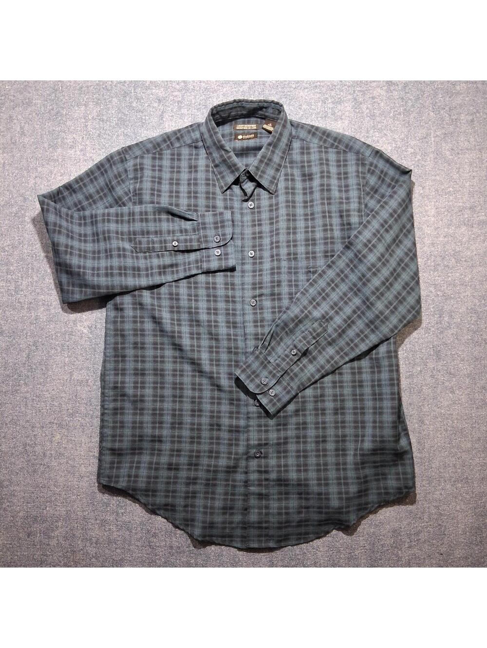 Haggar Mens Medium Teal & Black Plaid Button Up Microfiber L/Sleeve Casual Shirt
